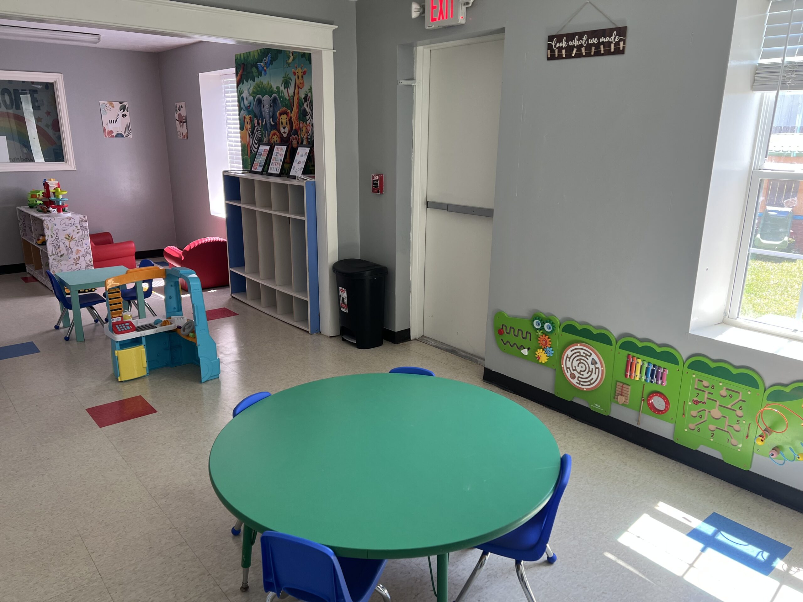 green table blue chairs childare center